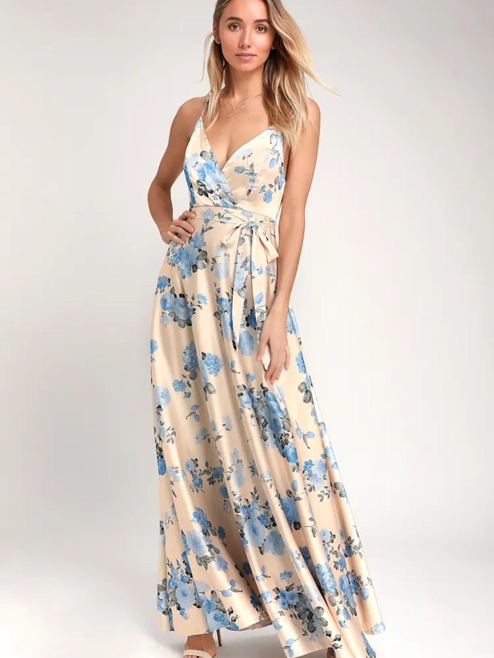Lulus Overjoyed Champagne Floral Satin Maxi Dress Size Small